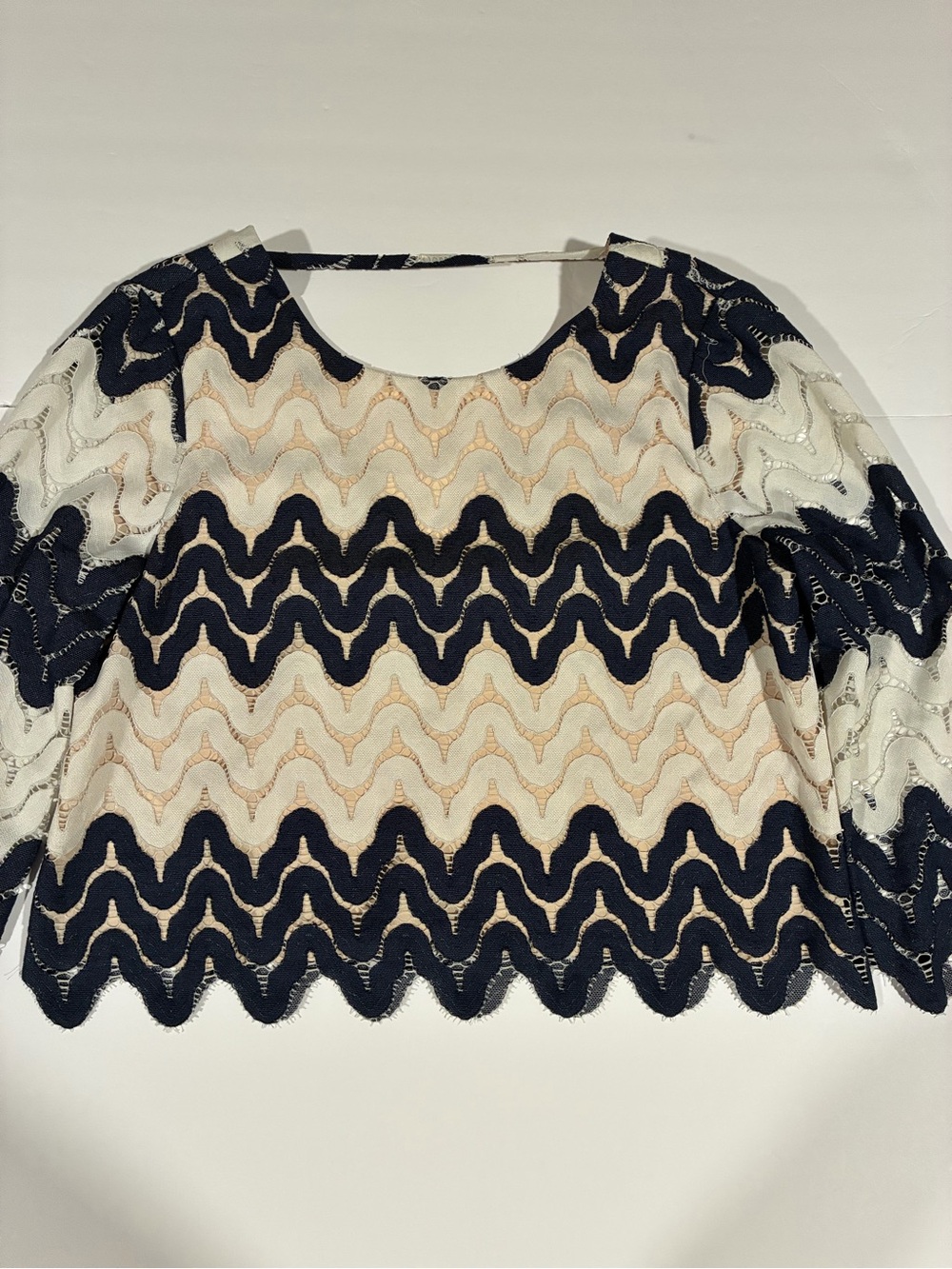 BCBGMaxAzria Navy and Cream Wave Lace Blouse